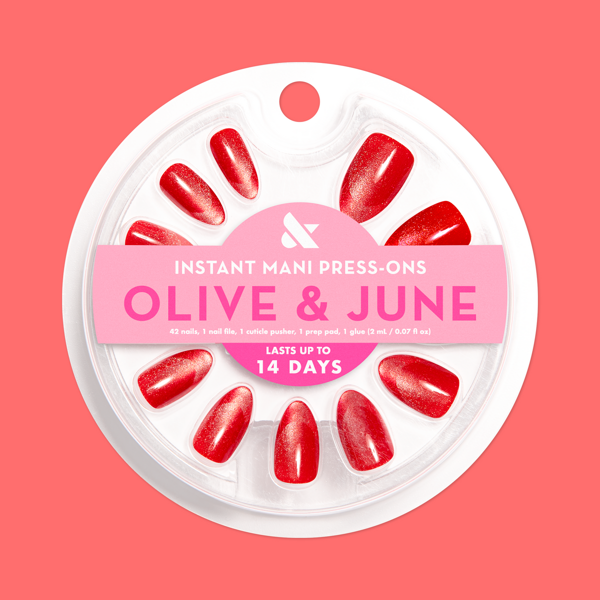 Red Illusion Velvet French - Press On | Medium | Almond false nails in cherry red velvet with subtle french tip effect in circular case
