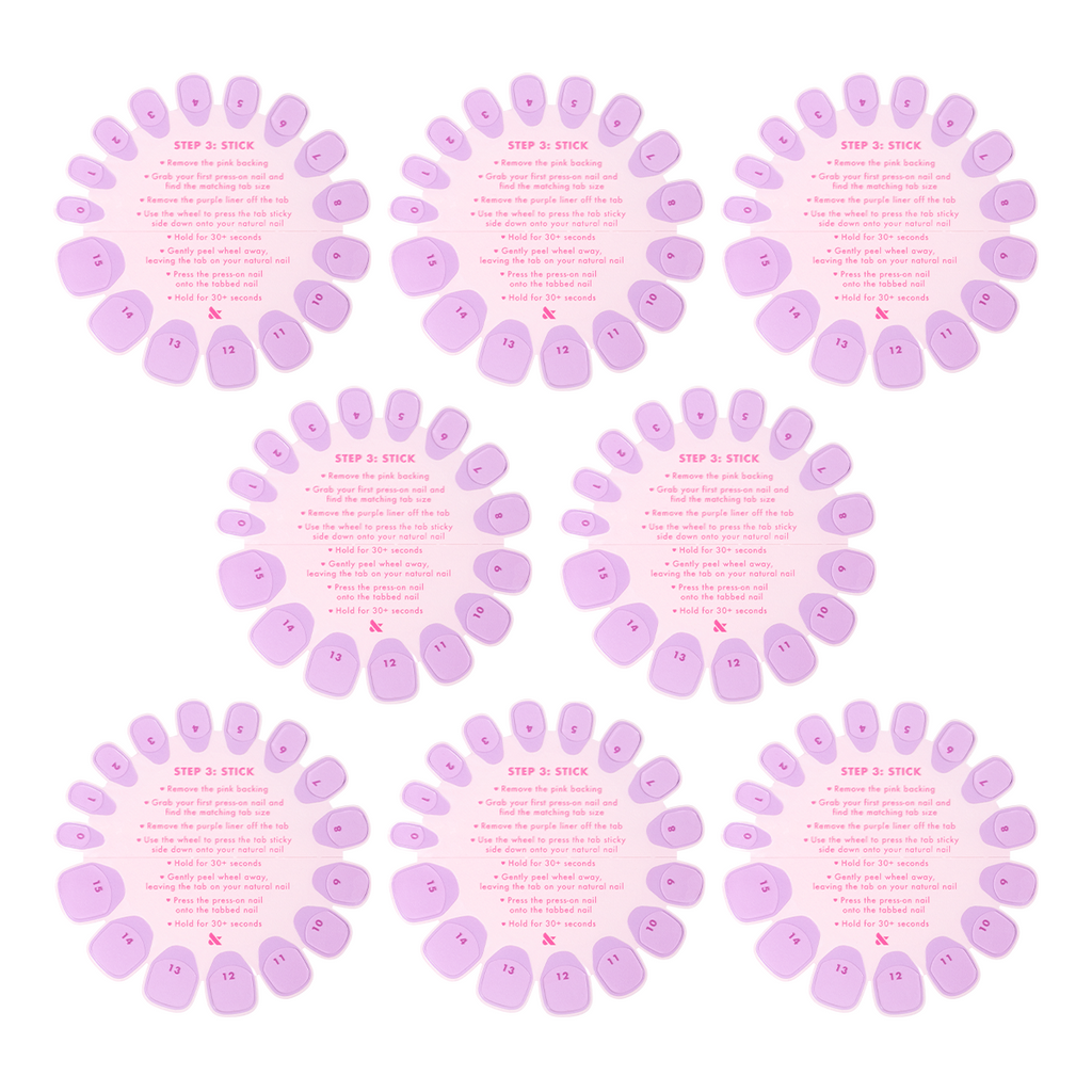 Super Stick Tab Pack showing eight pink adhesive nail tab wheels with application instructions for press-on mani use