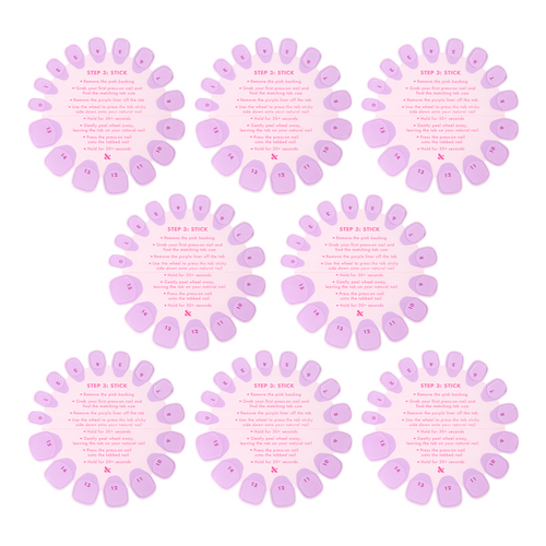 Super Stick Tab Pack showing eight pink adhesive nail tab wheels with application instructions for press-on mani use