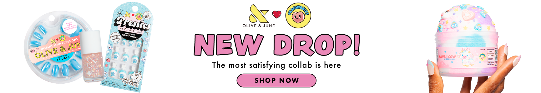 olive and june + peachybbies New Drop! The most satisfying collab is here - SHOP NOW - picturd light blue press-on nails and pink and blue peachybbie slime container