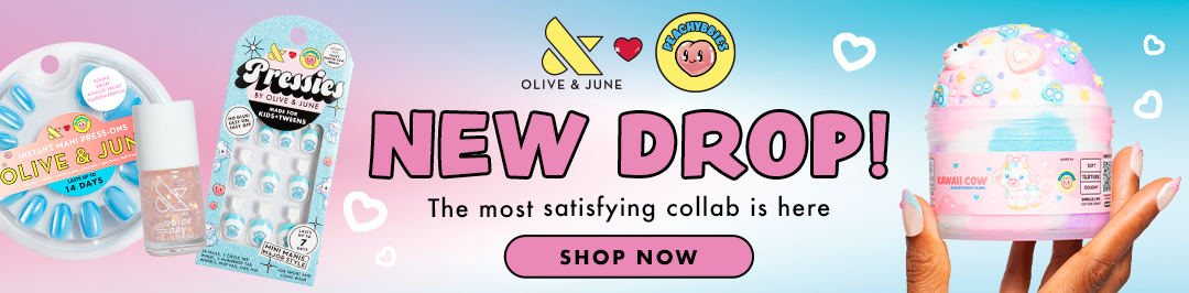 olive and june + peachybbies New Drop! The most satisfying collab is here - SHOP NOW - picturd light blue press-on nails and pink and blue peachybbie slime container