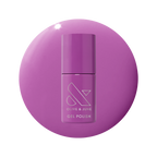 Bottle of Petal - Gel nail polish in bright floral purple shade on matching purple gel polish background