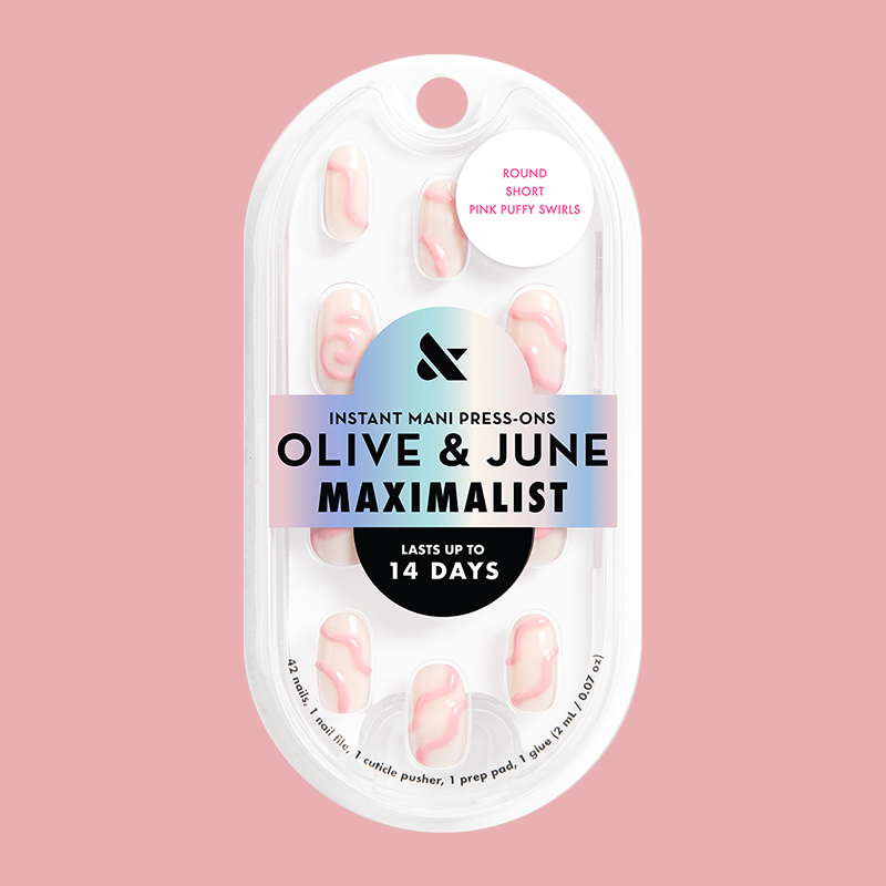 Package of Pink Puffy Swirls - Press-On | Short | Round with bubblegum pink 3D swirls on milky neutral base nails
