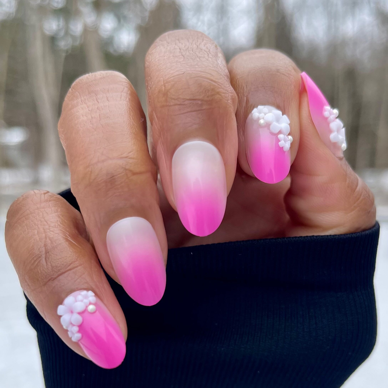 Pink Ombre with Flower Gems  - Press On | Medium | Oval - Press-On