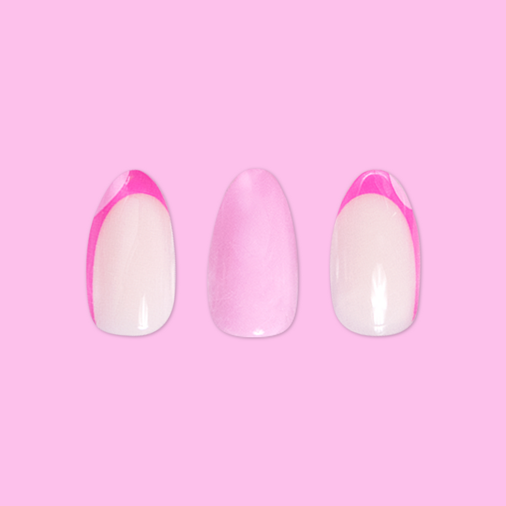 Pink Party French - Press-On | Medium | Almond false nails with pink tips and solid pink design for easy at home manicure