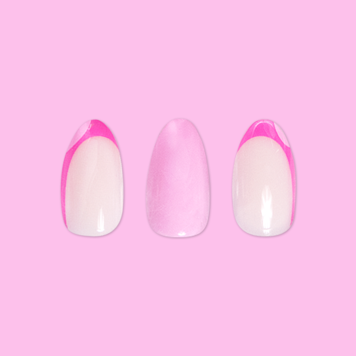 Pink Party French - Press-On | Medium | Almond false nails with pink tips and solid pink design for easy at home manicure