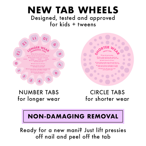 Diagram showing two pink tab wheels with instructions for longer and shorter wear press-on nail tabs and removal guidance