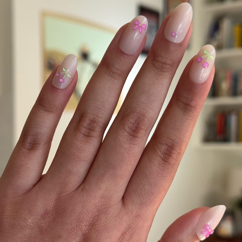 Puffy Cherry Bows  - Press On | Medium | Oval - Press-On