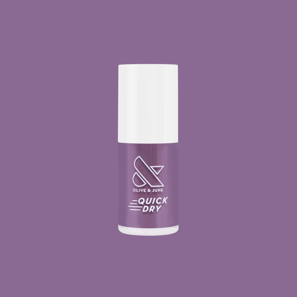Cardigan quick dry gel polish bottle in warm true mauve shade against matching purple background
