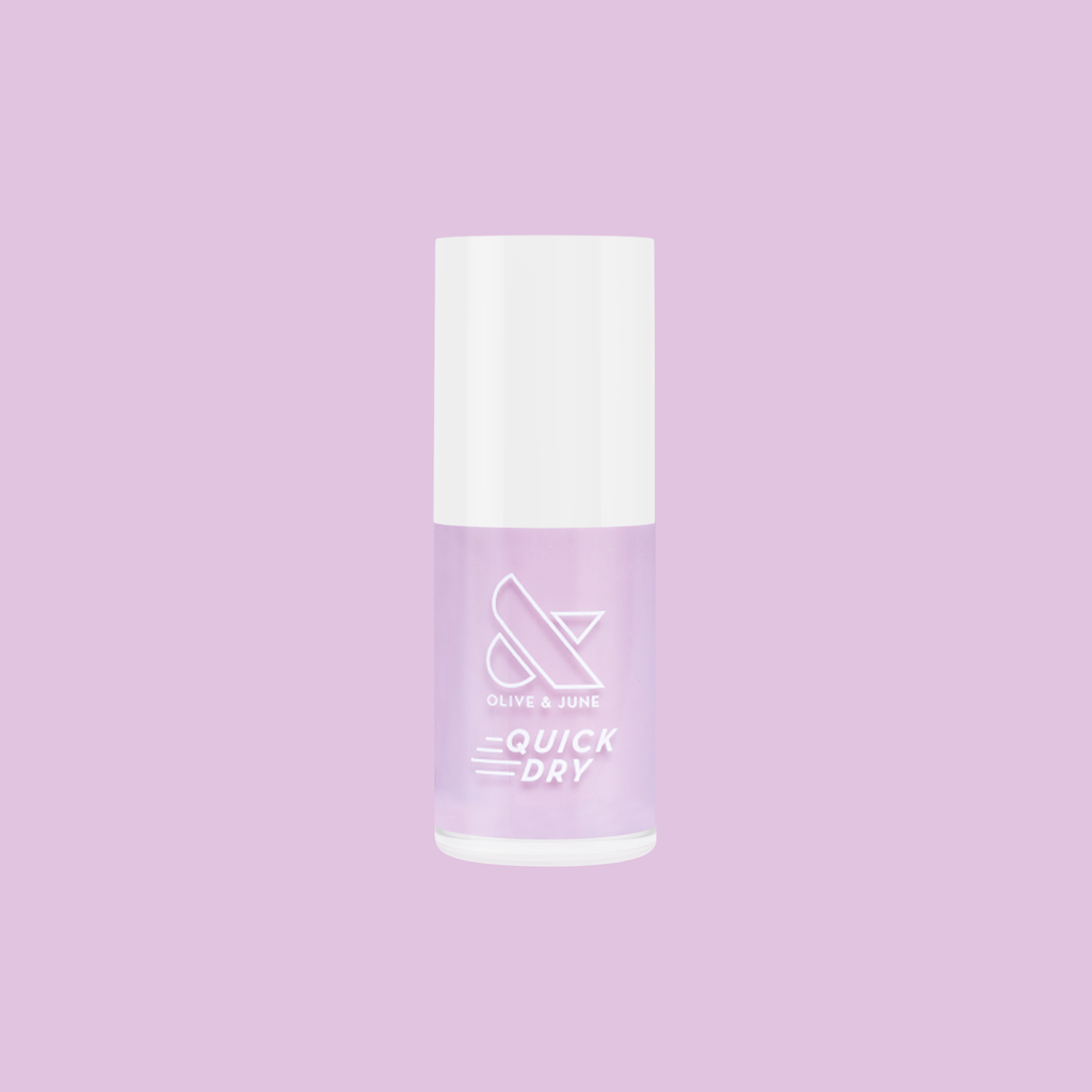 Glossed quick dry gel polish bottle in sheer lavender-pink shade with white cap on pastel purple background