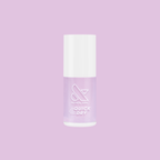 Glossed quick dry gel polish bottle in sheer lavender-pink shade with white cap on pastel purple background