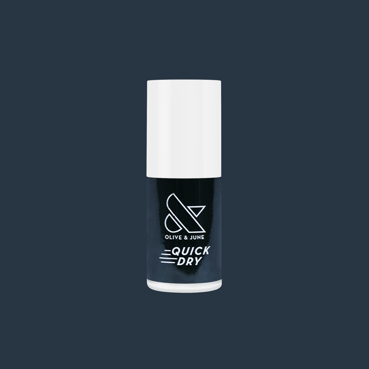 Bottle of Olive and June Latenight quick dry nail polish in ultra-dark olive green on dark blue background