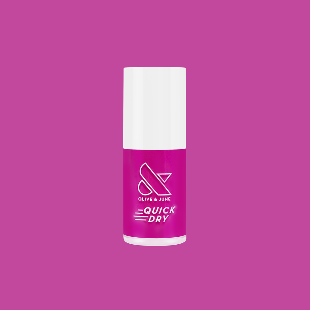 Leotard bottle of quick dry gel polish in vibrant magenta pink shade on matching solid background