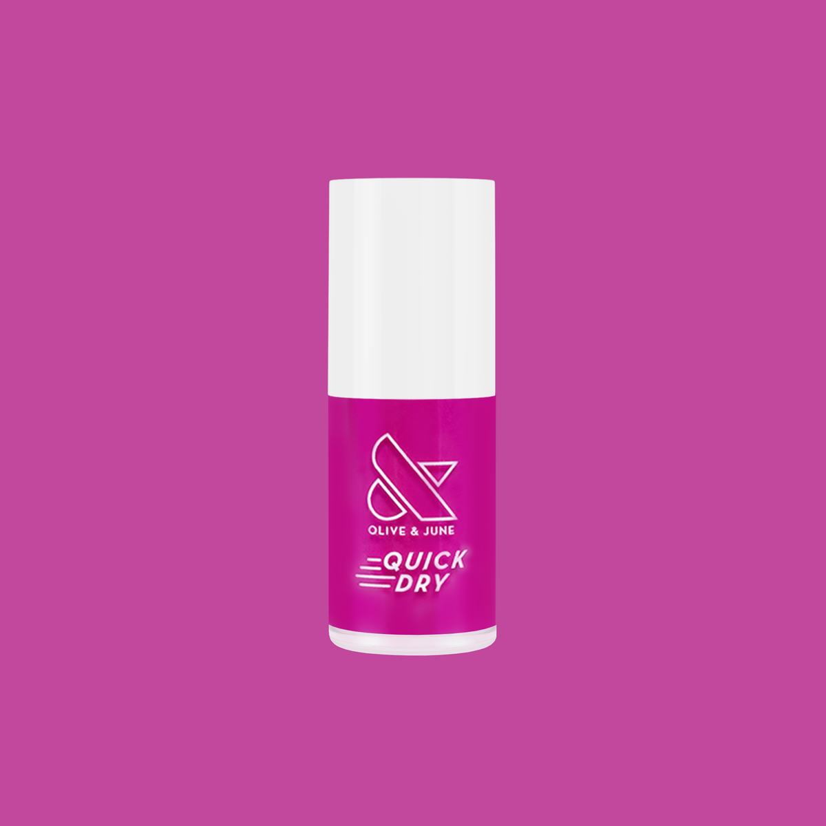 Leotard bottle of quick dry gel polish in vibrant magenta pink shade on matching solid background