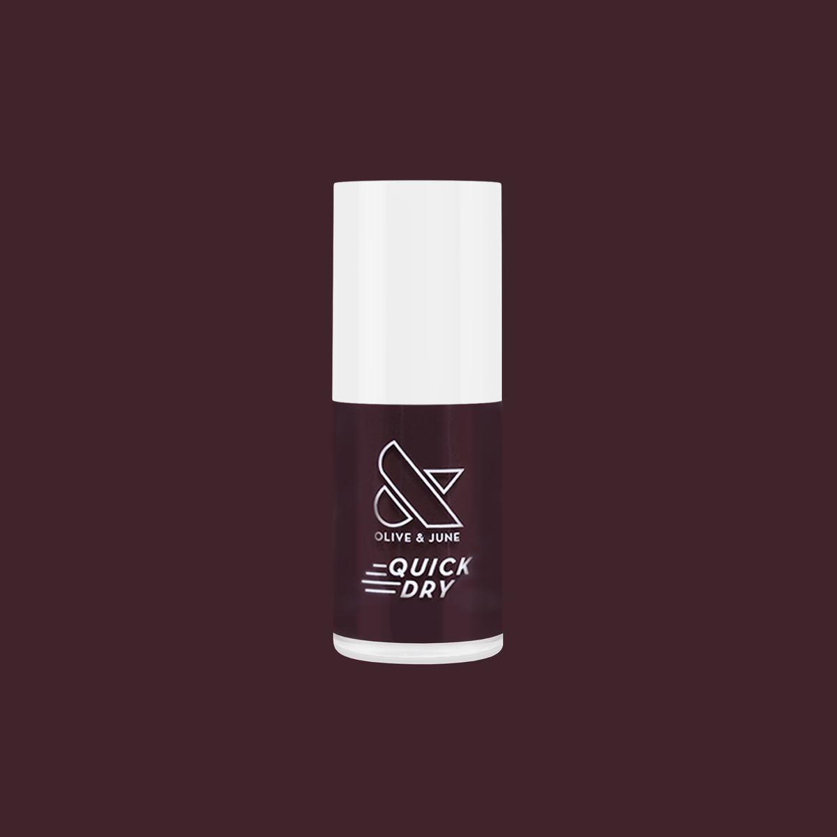 Spressotini quick dry gel polish bottle in dark coffee brown shade against deep plum background