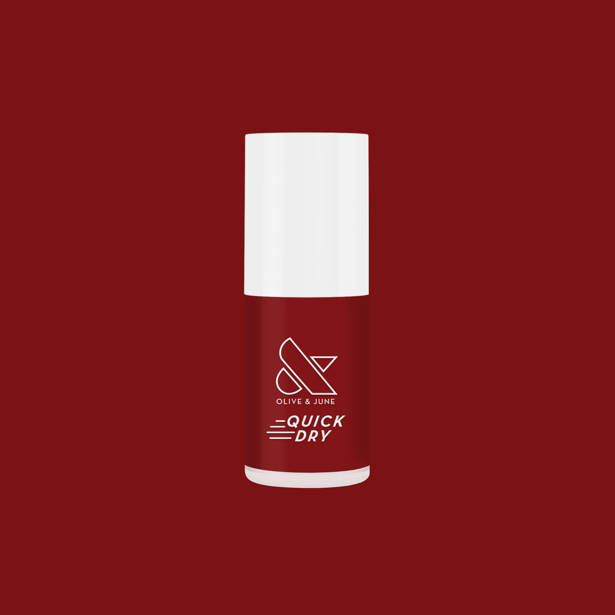 Olive and June quick dry nail polish bottle in deep red shade Brick on a matching deep red background