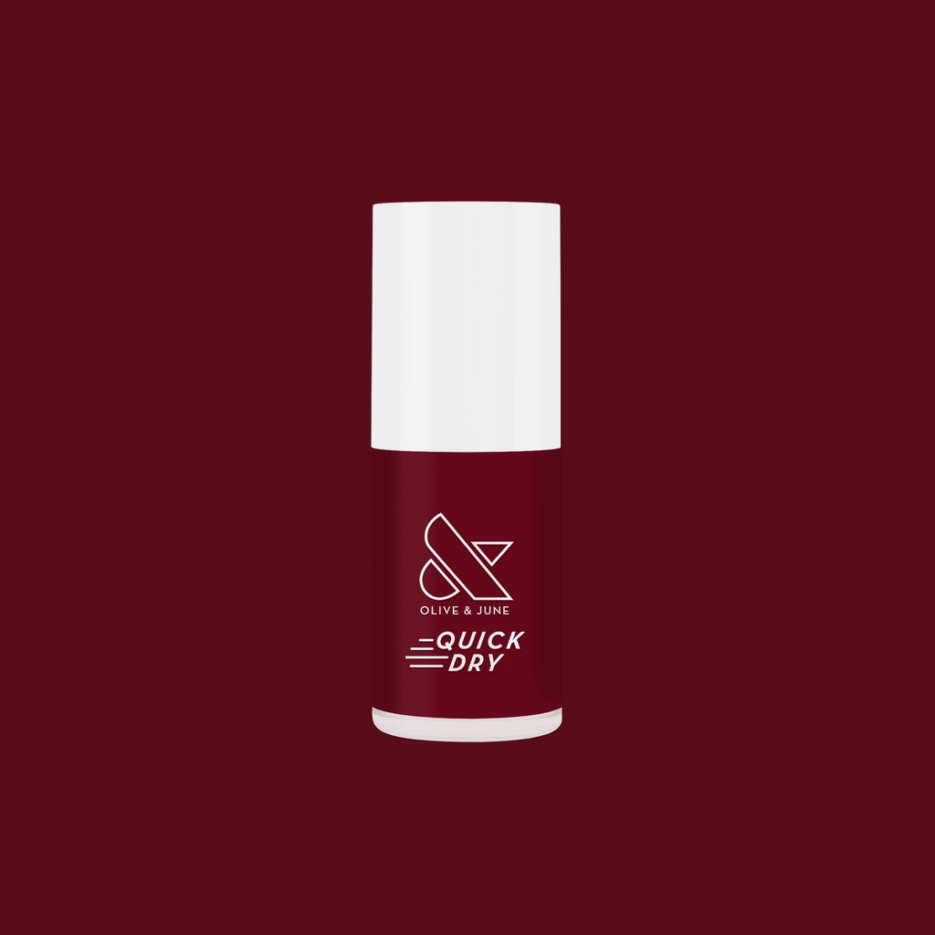 Olive and June Cabernet quick dry polish bottle in deep plummy wine red for rich, sophisticated at-home manicures