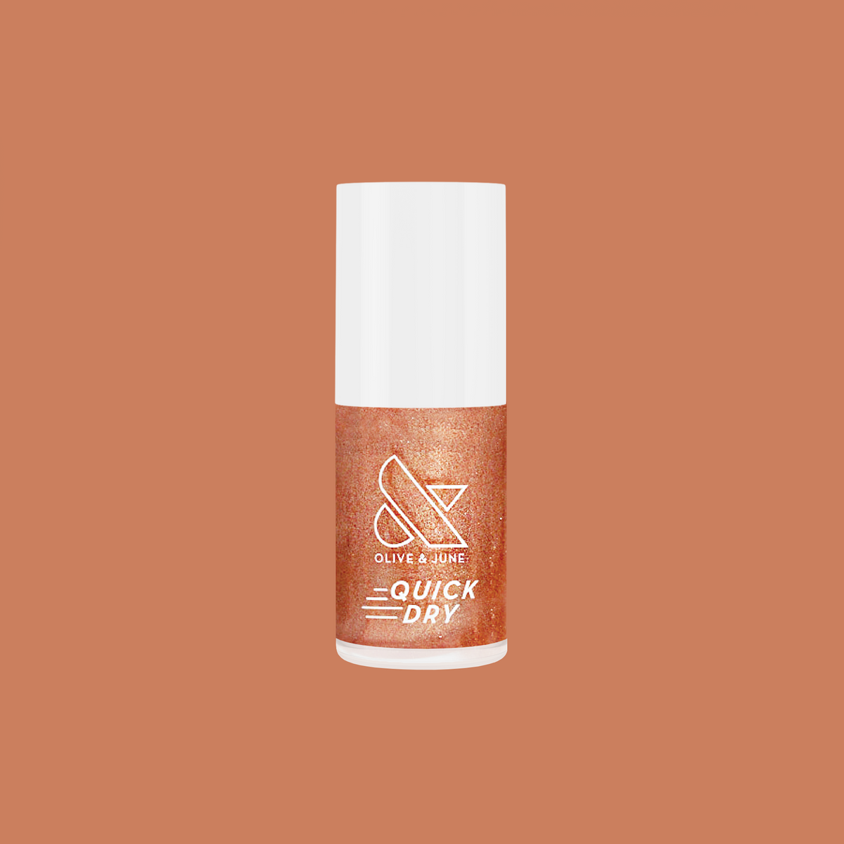 Penny polish bottle showing shiny copper metallic quick dry nail polish by Olive and June on a solid background