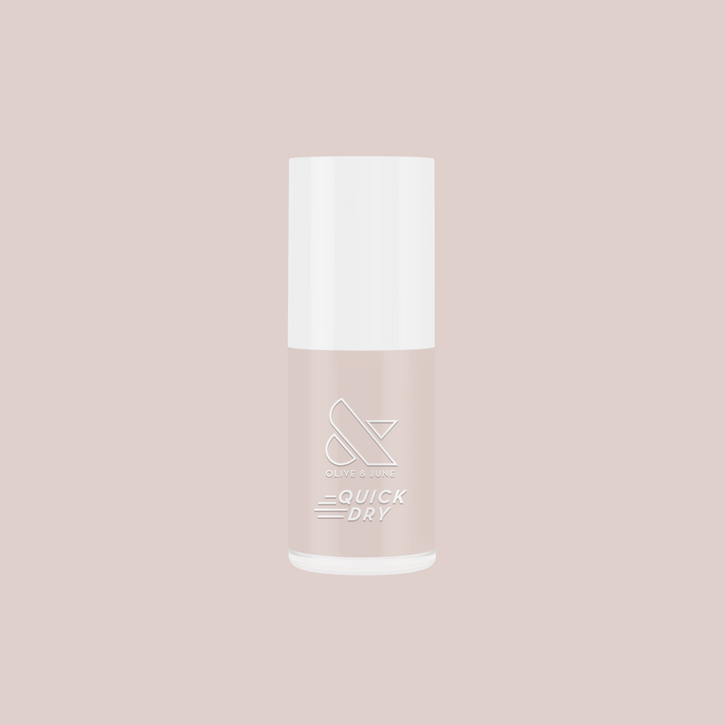 Bottle of Olive and June Kitten quick dry polish in neutral grey beige for fast, easy at home manicure or mani touch ups