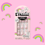 Rainbow Connection - Pressies | Extra Short Short | Round showing pastel pink press on nails with rainbow details in packaging on pink background