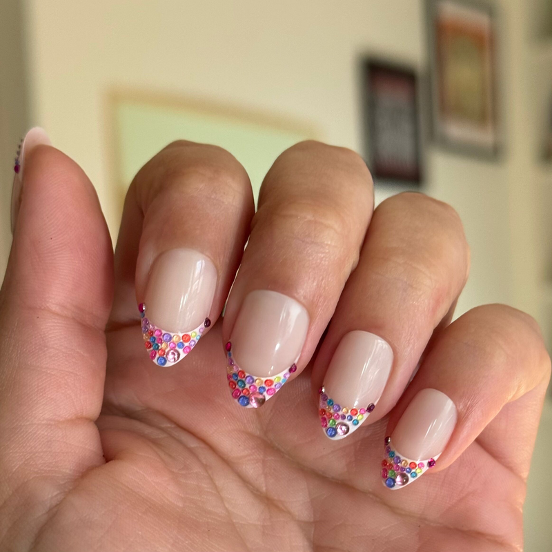 Rainbow Rhinestone French - Press On | Medium | Almond - Press-On