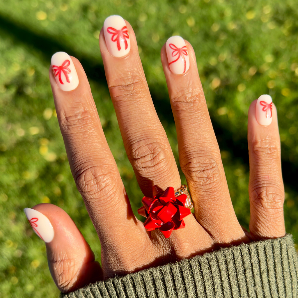 Red Chrome Bows - Tab Press-On | Short | Round