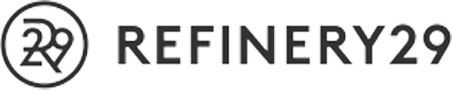 Black and white Refinery29 logo with circular graphic and bold uppercase text on a transparent background