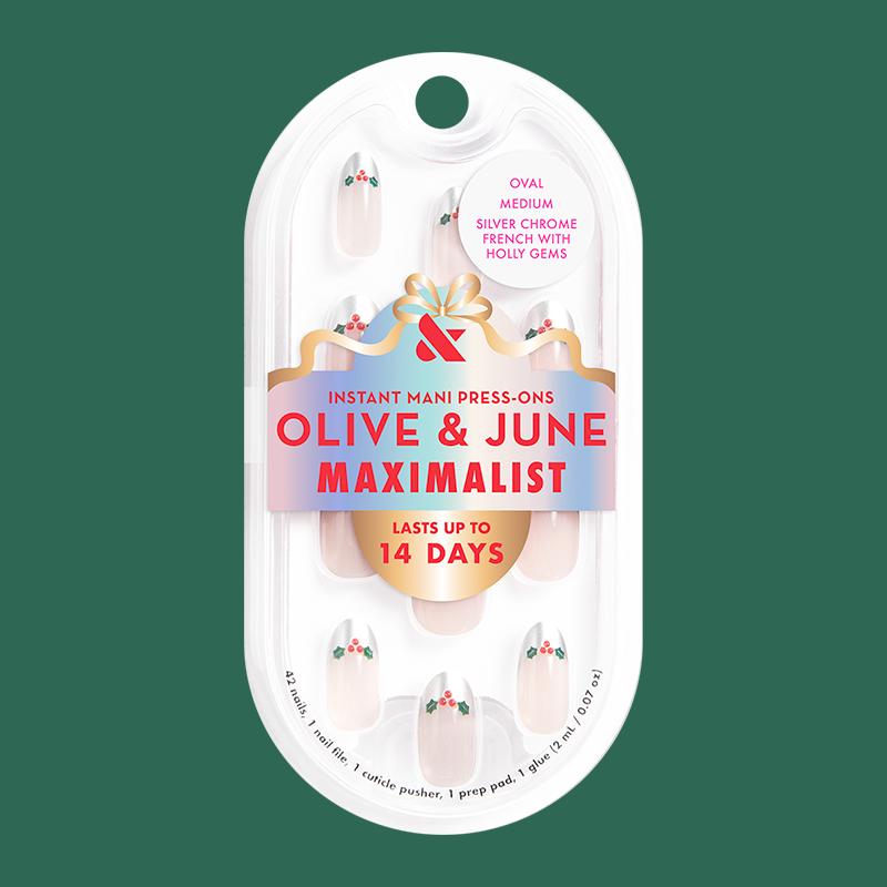 Silver Chrome French with Holly Gems - Press-On | Medium | Oval 