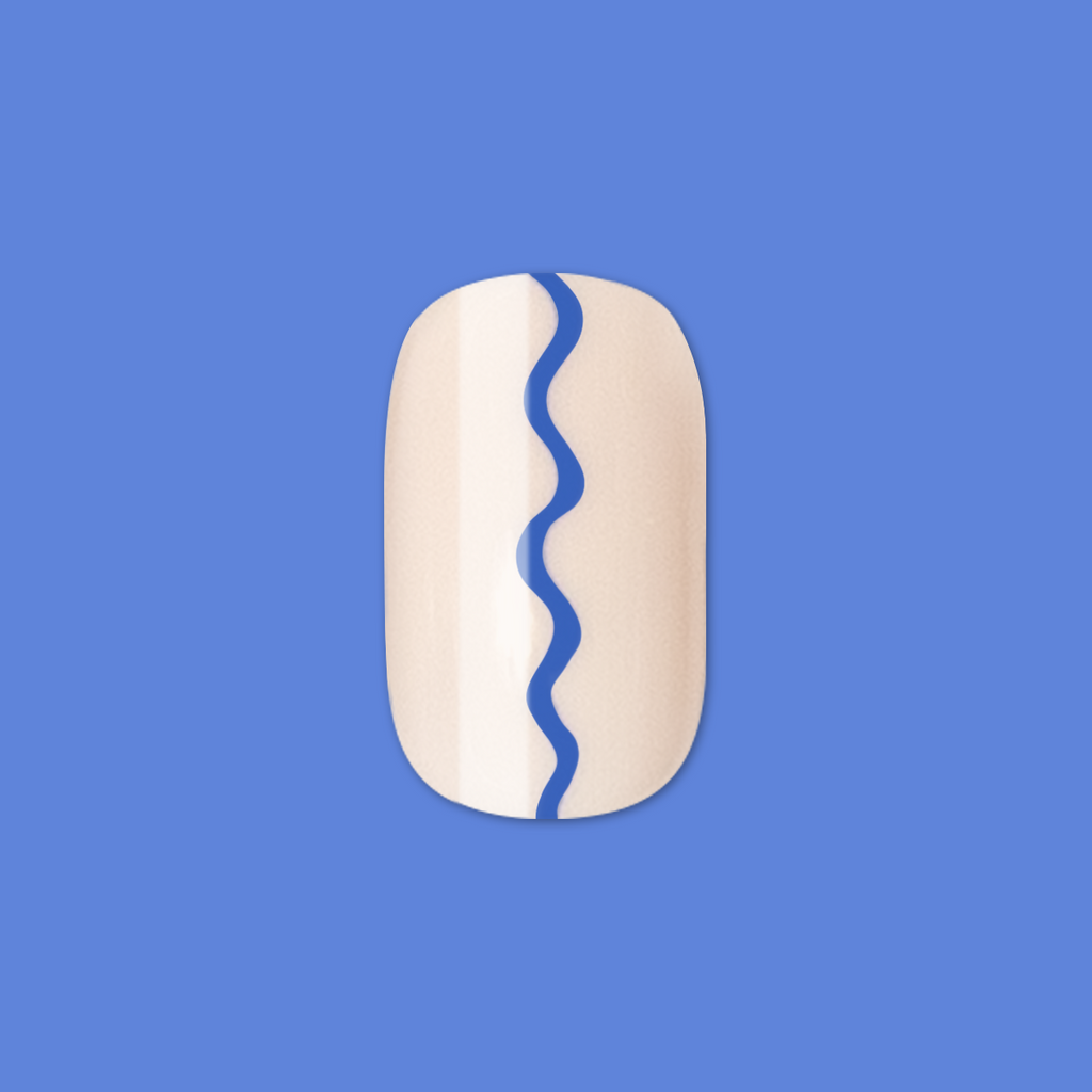 Simple Squiggle | Short | Squoval - Tab Press-On nail with neutral base and blue wavy line design on blue background