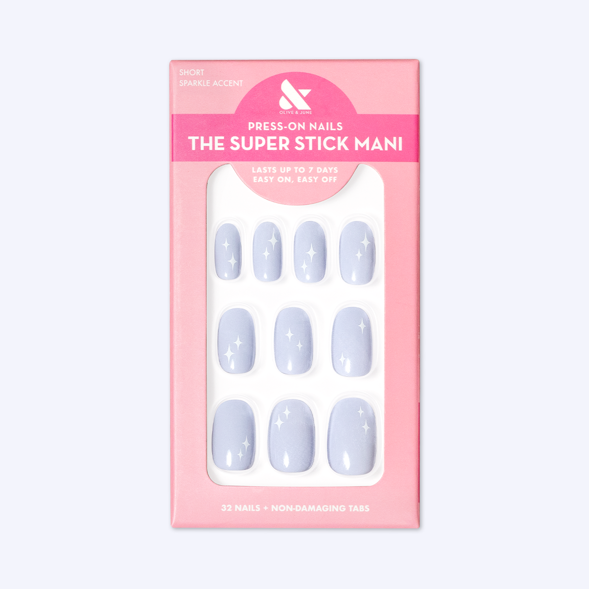 Sparkle Accent | Short | Round - Tab Press-On showing light blue false nails with white sparkle designs in pink packaging