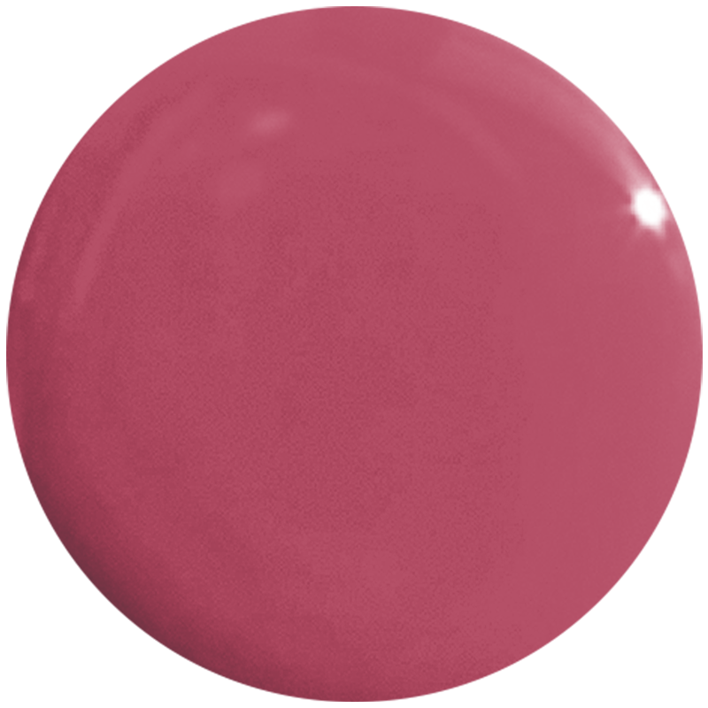 Glossy swatch of Primrose gel polish in warm rosy pink showcasing a smooth nail color for easy at-home manis