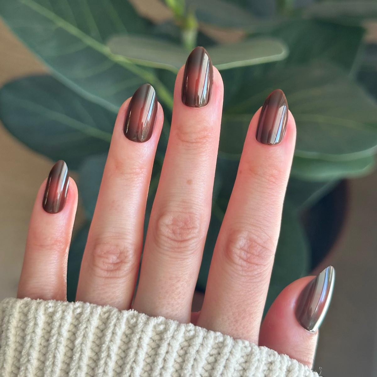 Subtle Chocolate Aura - Press-On | Medium | Almond with glossy chocolate brown almond press-on nails for easy at home manicure