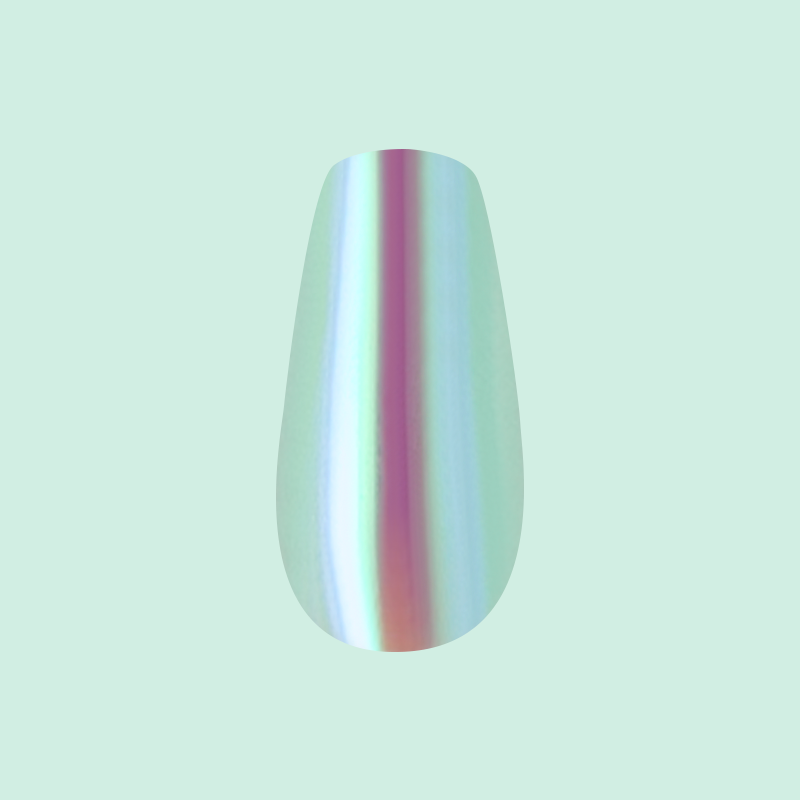 Teal Glass Chrome - Press-On | Medium | Coffin iridescent teal glassy medium coffin false nail on pale background