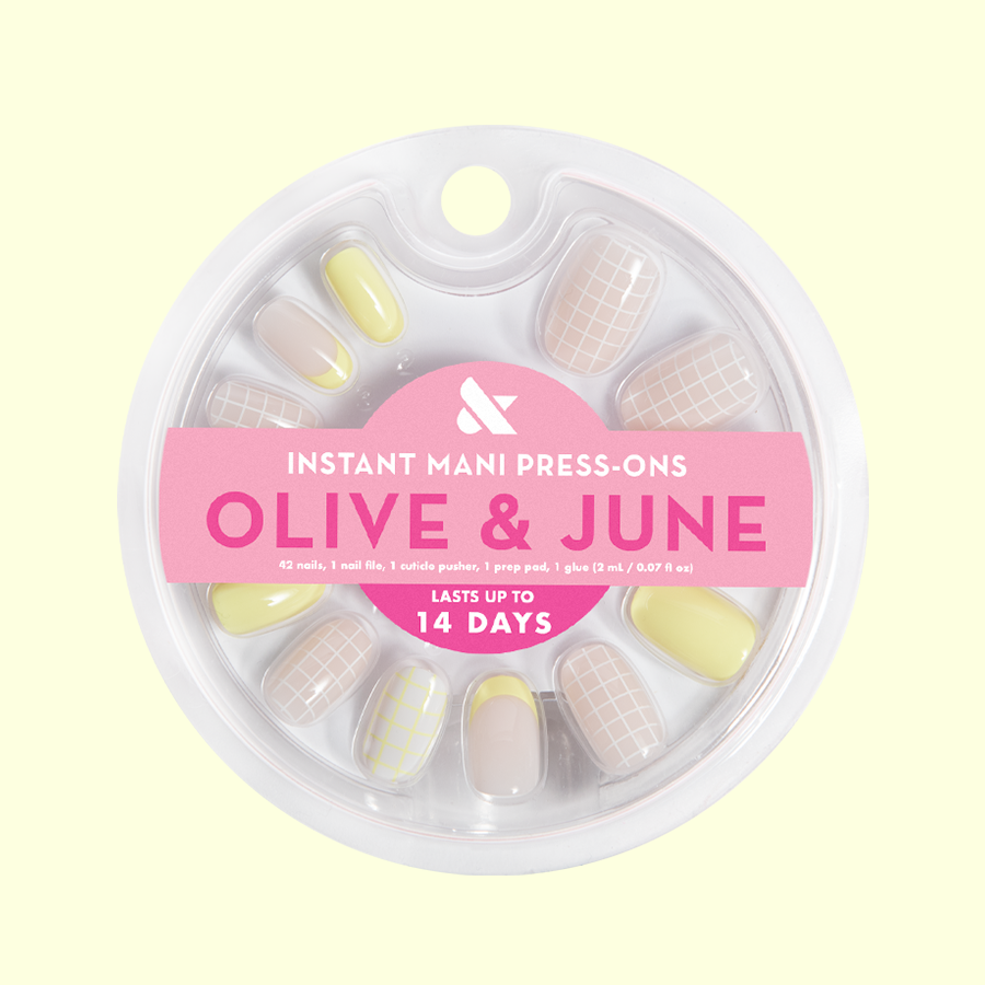 Tennis Vibes Mixed Pack - Press-On | Short | Round featuring sporty grid, french tips, and solid pastel yellow nails for easy at-home mani