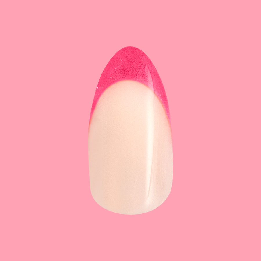 Hot Strawberry Velvet French - Press-On | Medium | Almond with neon pink velvet shimmer French tips for easy at-home mani