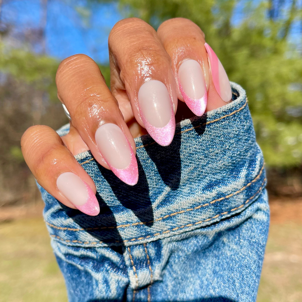 Thick Velvet French - Press-On | Long | Almond showing long almond false nails with a soft pink velvet-effect French tip on natural base