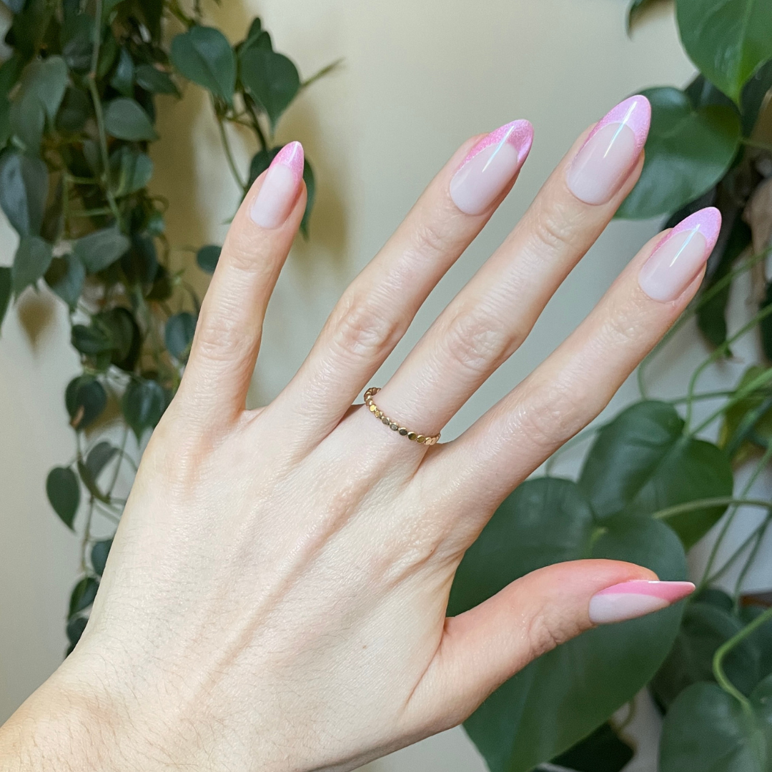Thick Velvet French - Press-On | Long | Almond showing long almond false nails with pink velvet French tips on natural base