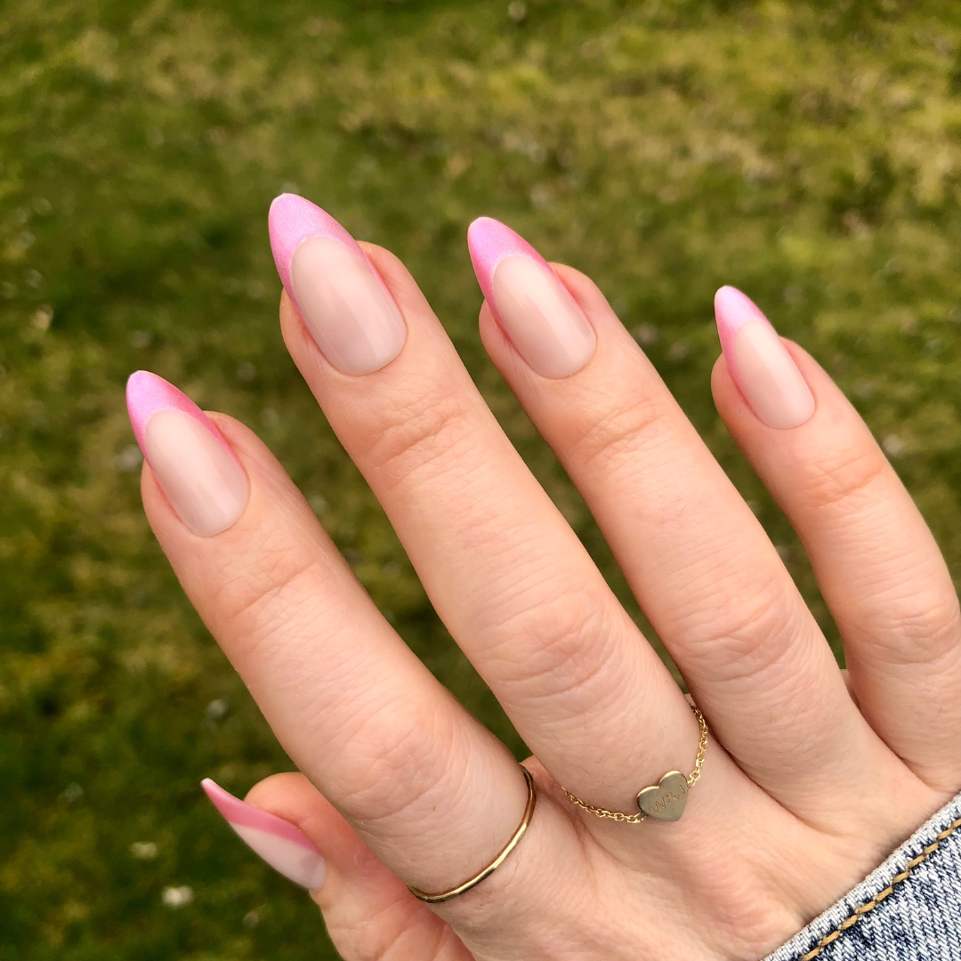 Thick Velvet French - Press-On | Long | Almond showing long almond false nails with soft pink velvet tips on natural base