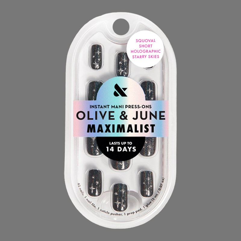 Holographic Starry Skies - Press-On | Short | Squoval short squoval nails with shimmering holographic starry night design for easy mani