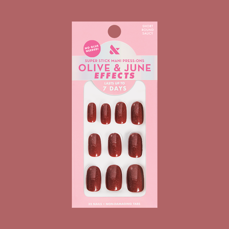 Saucy - Tab Press-On | Short | Round in deep red with shimmer microglitter, easy no-glue press-on nails for quick mani