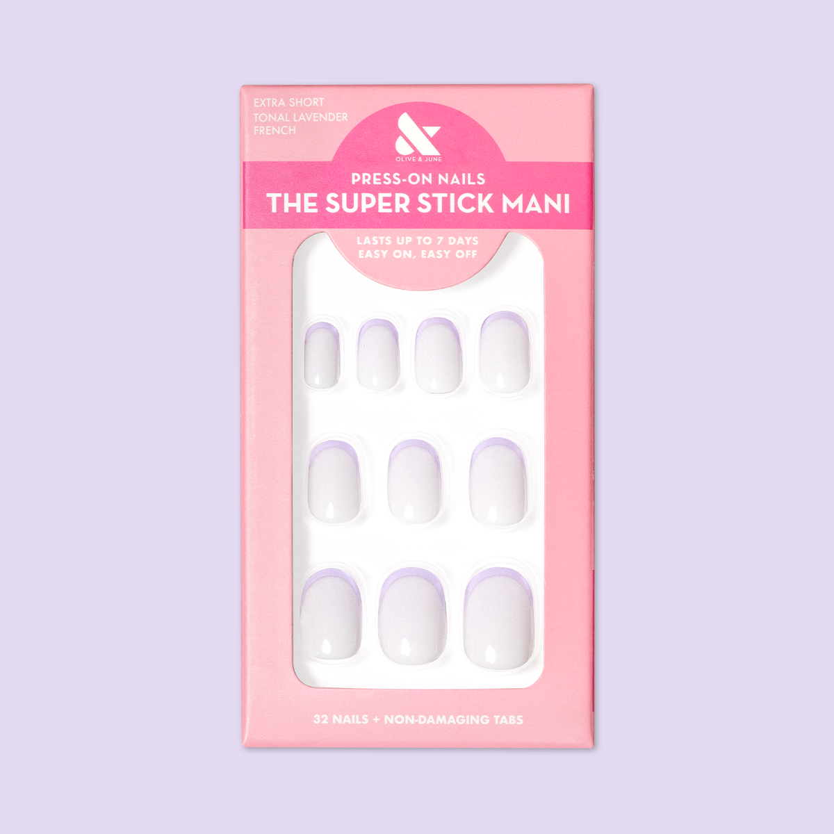 Tonal Lavender French | Extra Short | Round - Tab Press-On nails with lavender French tip design in pink package on lavender background