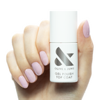 Hand holding Gel Top Coat bottle with glossy soft pink gel polished nails for at home manicure care