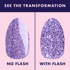 Karaoke is a Good Time Gel swatch showing purple flash glitter polish without and with flash for sparkling manicure