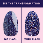 Out Past Curfew Gel swatch showing deep blue-black flash glitter gel polish without and with flash for sparkling mani