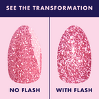 Rosé Rhymes with Partay Gel swatch showing cool-toned pink flash glitter polish without and with flash for sparkling mani