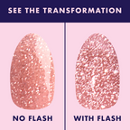 Sparkly Pink Drink Gel showing blush pink gel polish swatch with and without flash for mani transformation