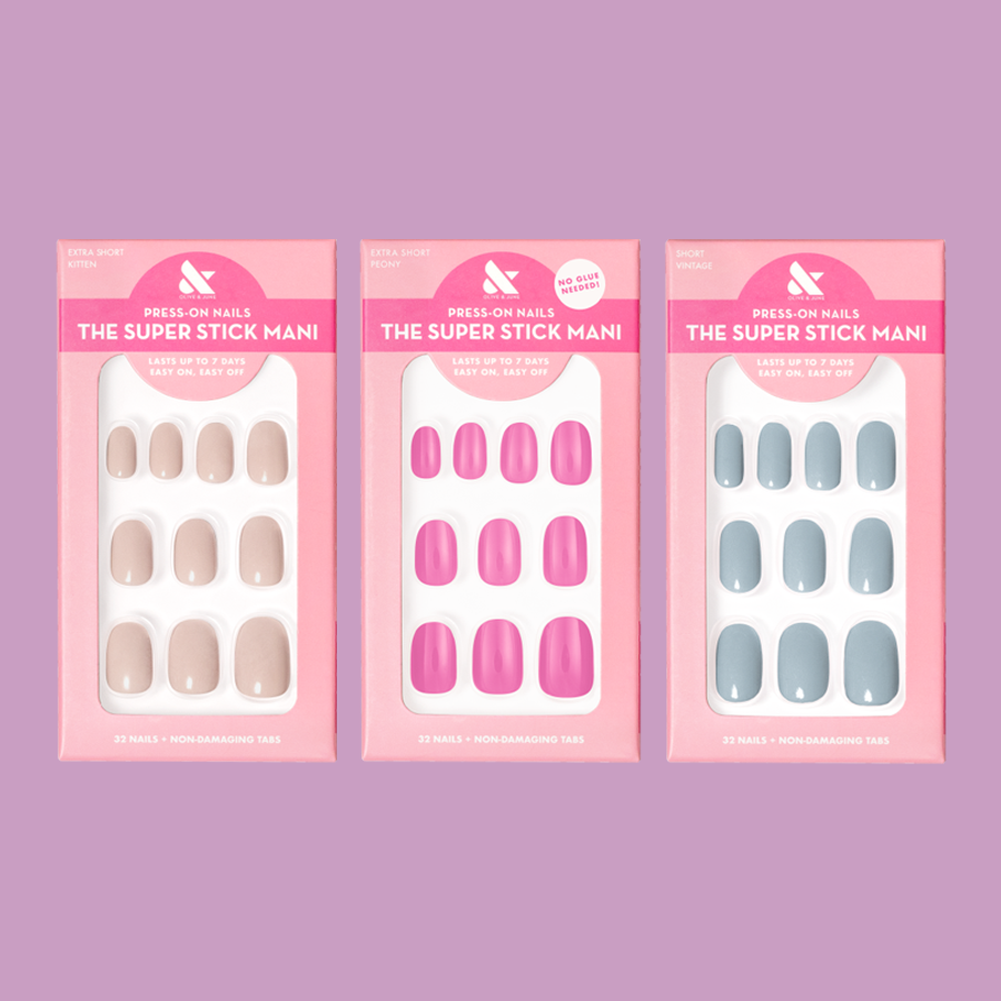 The Trendy Mom Press-On Set featuring three color sets of short tab press-on nails for easy at-home manicures