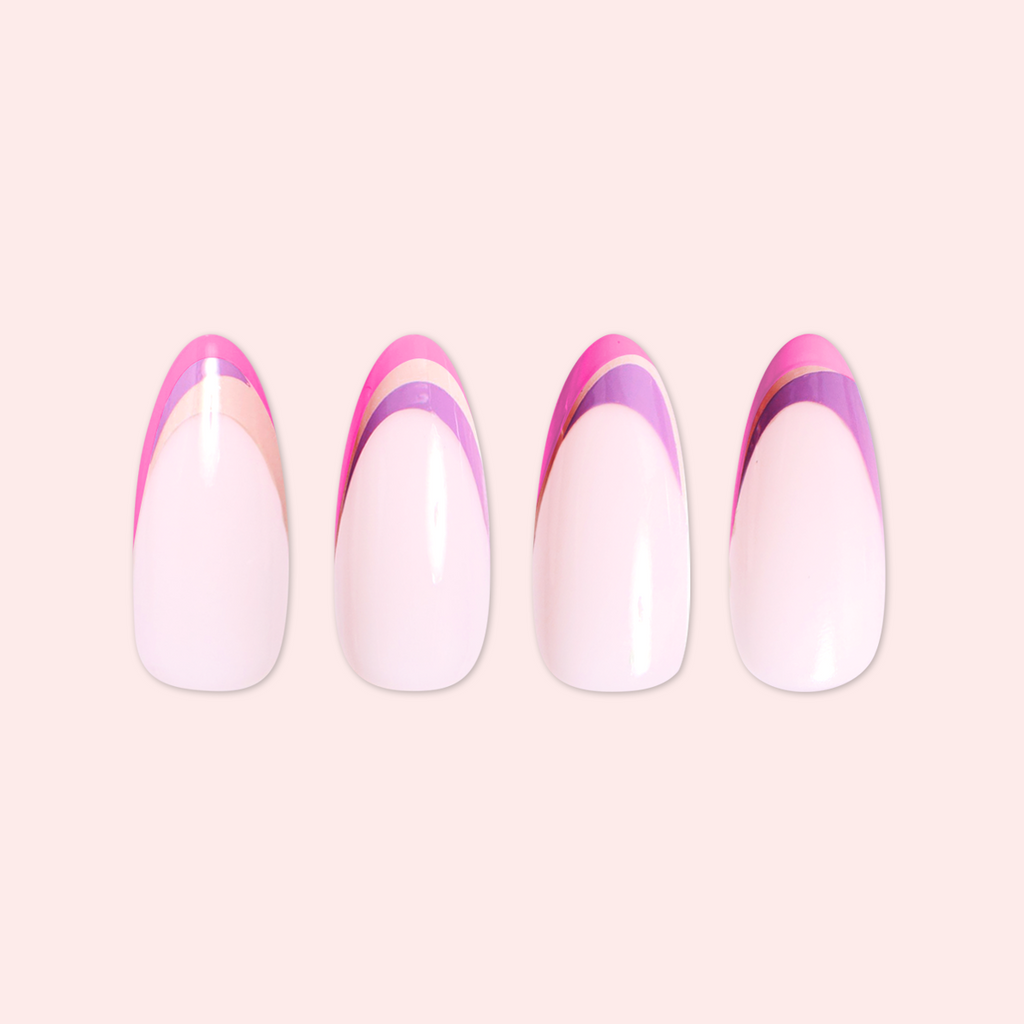 Twisted French - Press-On | Long | Almond showing long almond false nails with pink and purple curved twist manicure design