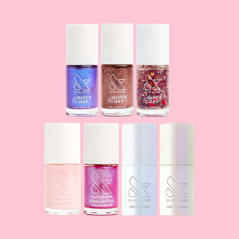 Valentine’s Day Polish Set with seven shimmering and sheer polish shades for quick-dry and long-lasting manicures at home