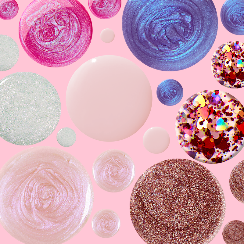 Valentine’s Day Polish Set showing diverse shimmering and sheer polish textures for creative at-home manicures and pedicures